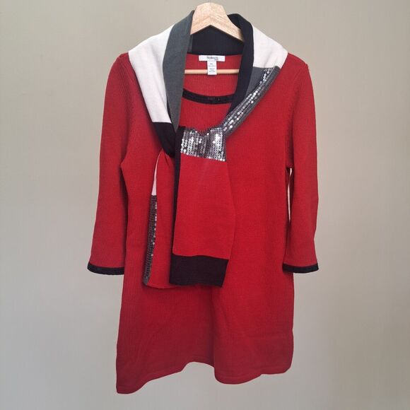 Style & Co Red White Black Sequin Trim Knit Sweater Dress & Scarf Set - Size P/L - Picture 3 of 16
